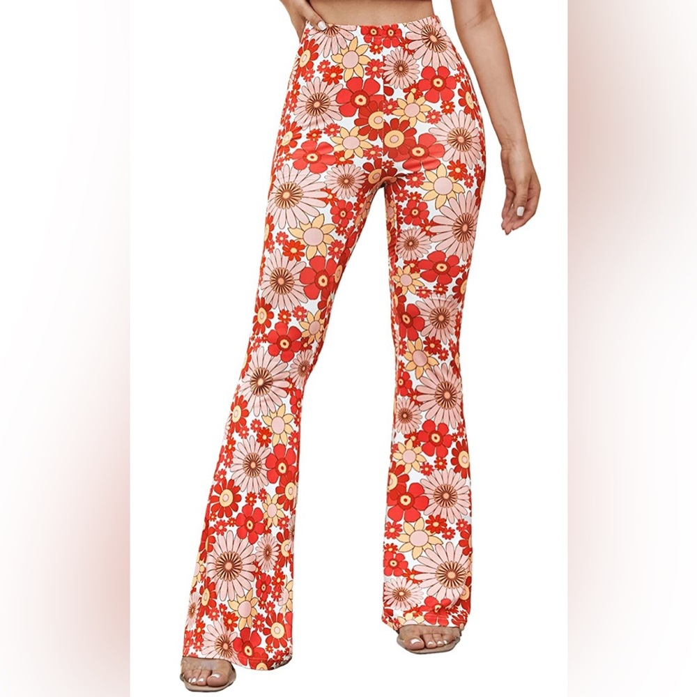 Romwe Women's Bootcut High Waisted Sunflower Print Wide Leg Pants